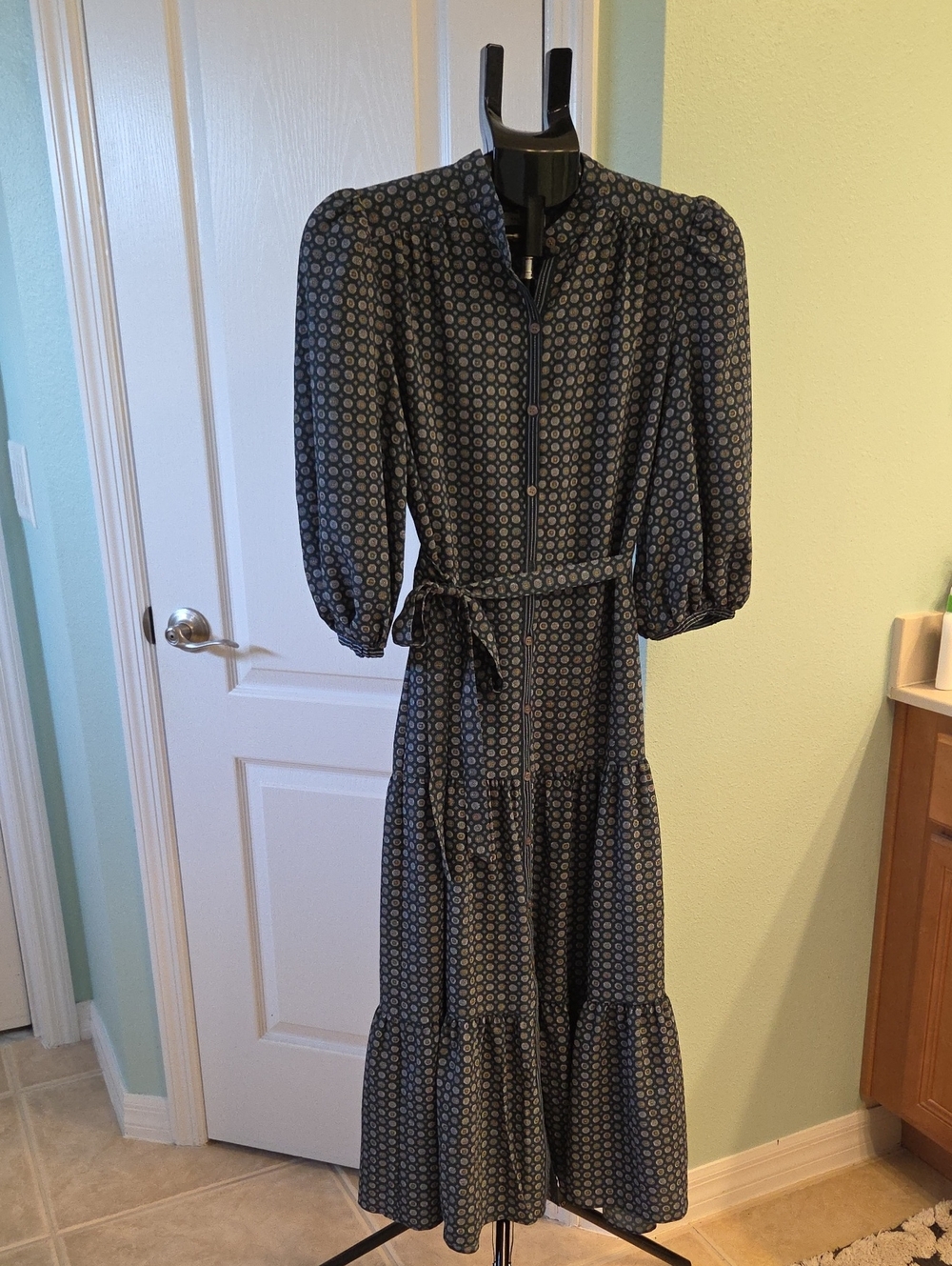 Max Studio Navy & Light Blue Printed Tiered Maxi Dress with Tie Waist
